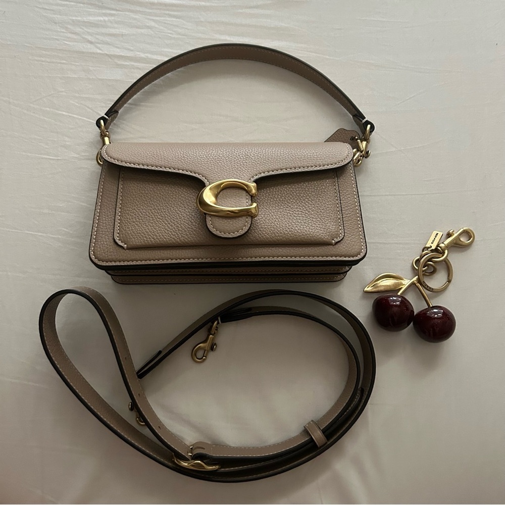 Coach Tabby 20 in Pebbled Leather, Taupe + Original Cherry Charm